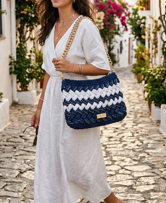 Sac KAYAMI marine et blanc porté à l'épaule dans une ruelle méditerranéenne