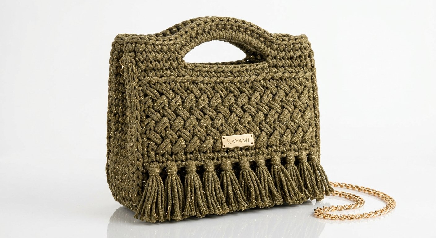 Sac KAYAMI Safari, crocheté main en kaki avec franges